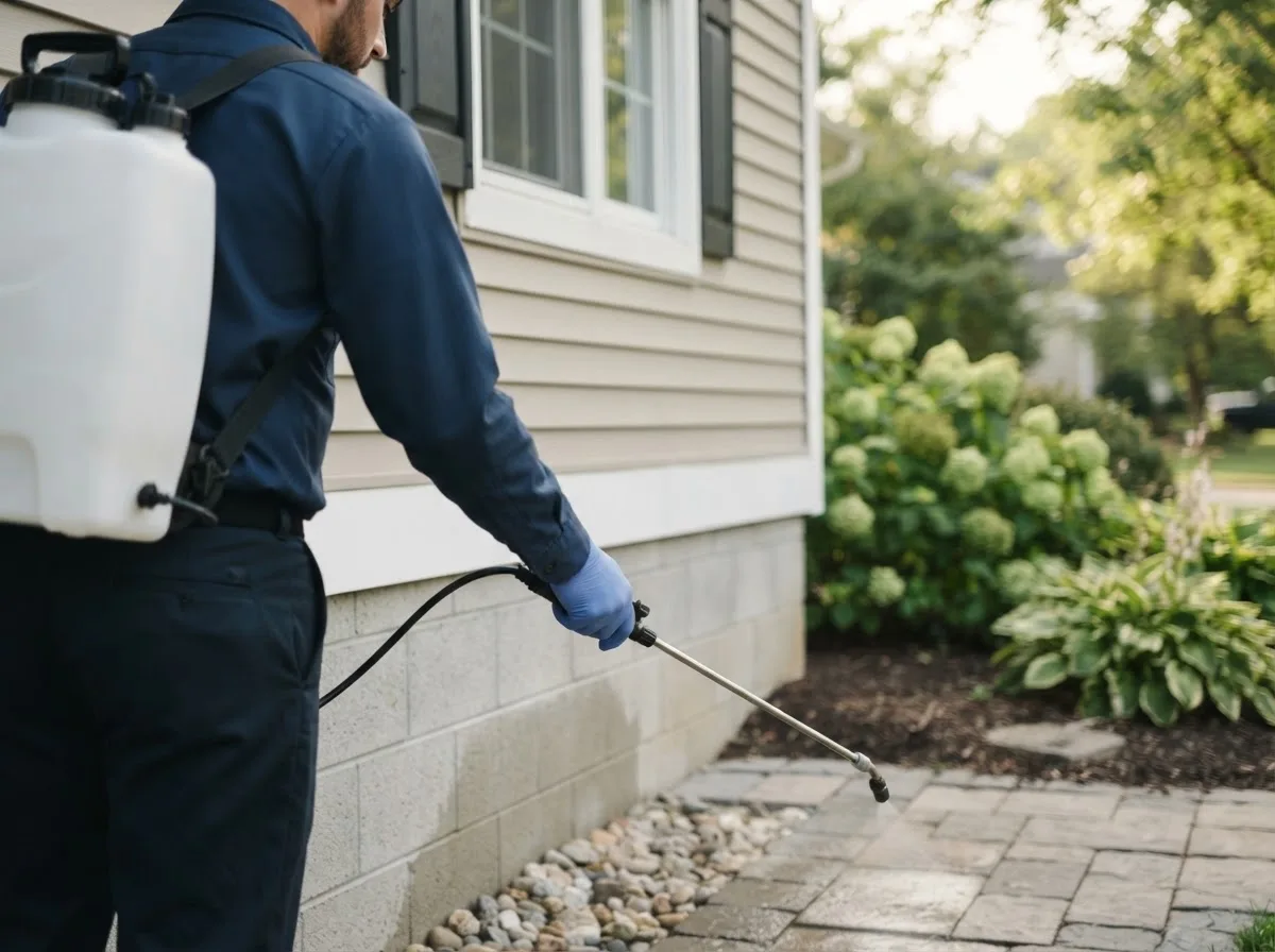 Pest control technician inspecting a home in Macedon, NY